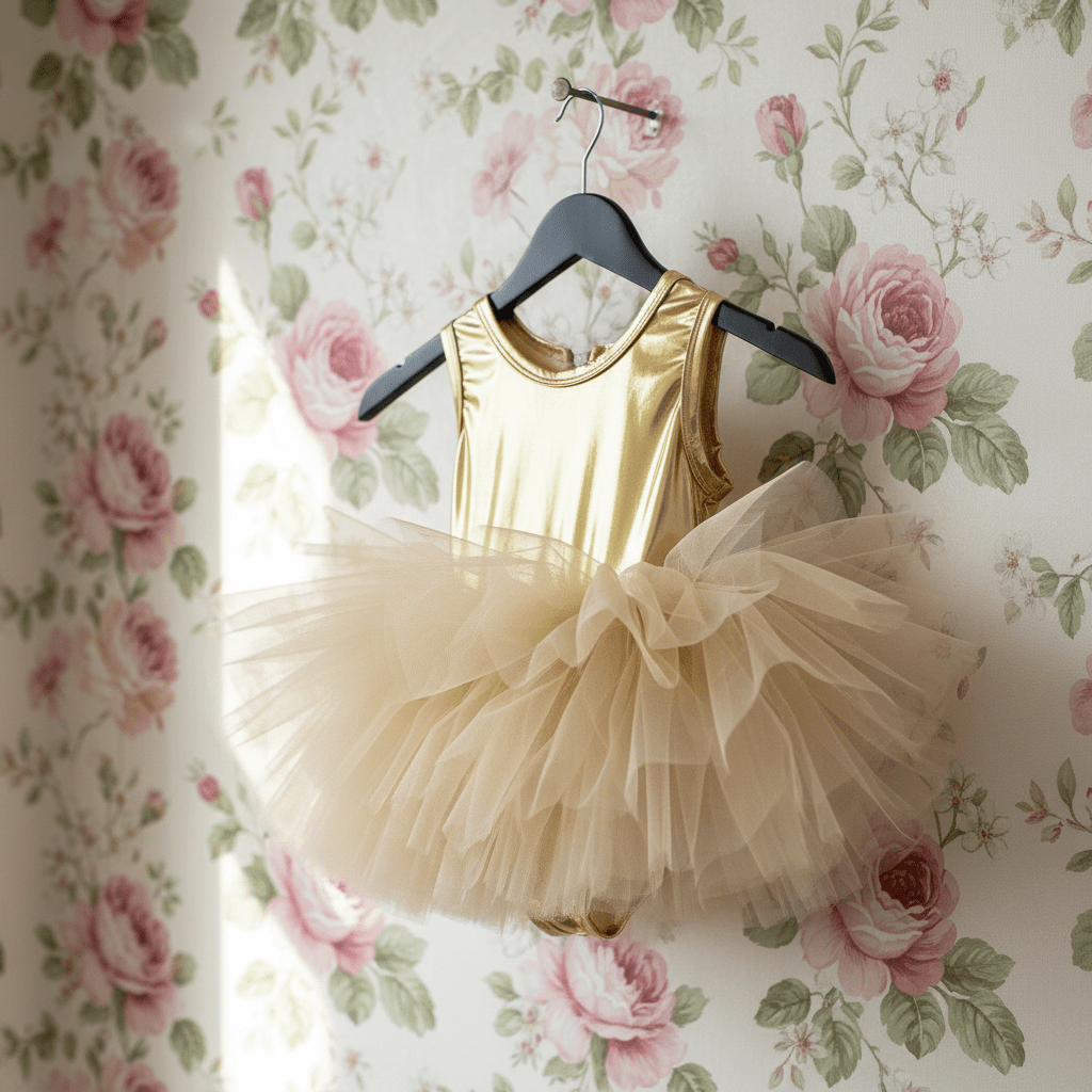 Gold dress with a beige tutu on a hanger against a floral wallpaper background