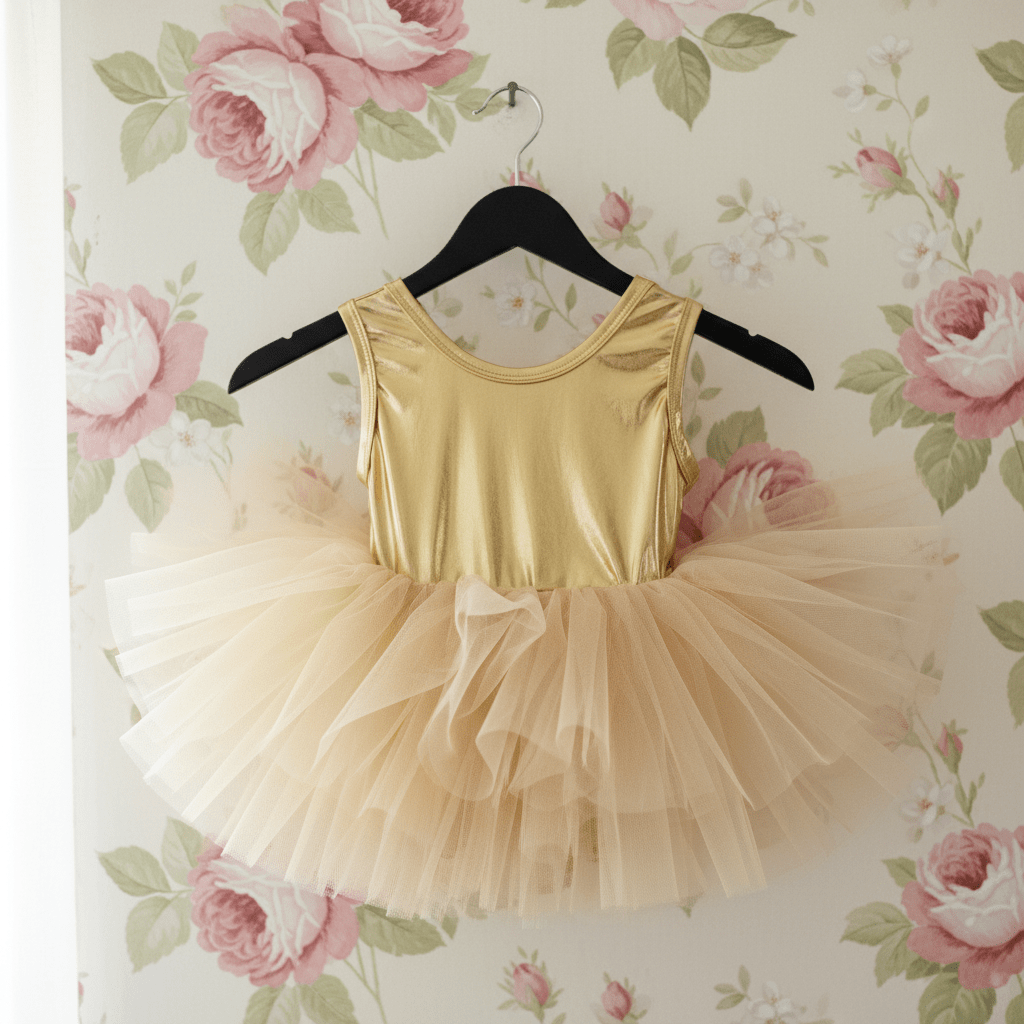 Gold tank top and beige tutu skirt on a hanger against a floral wallpaper background