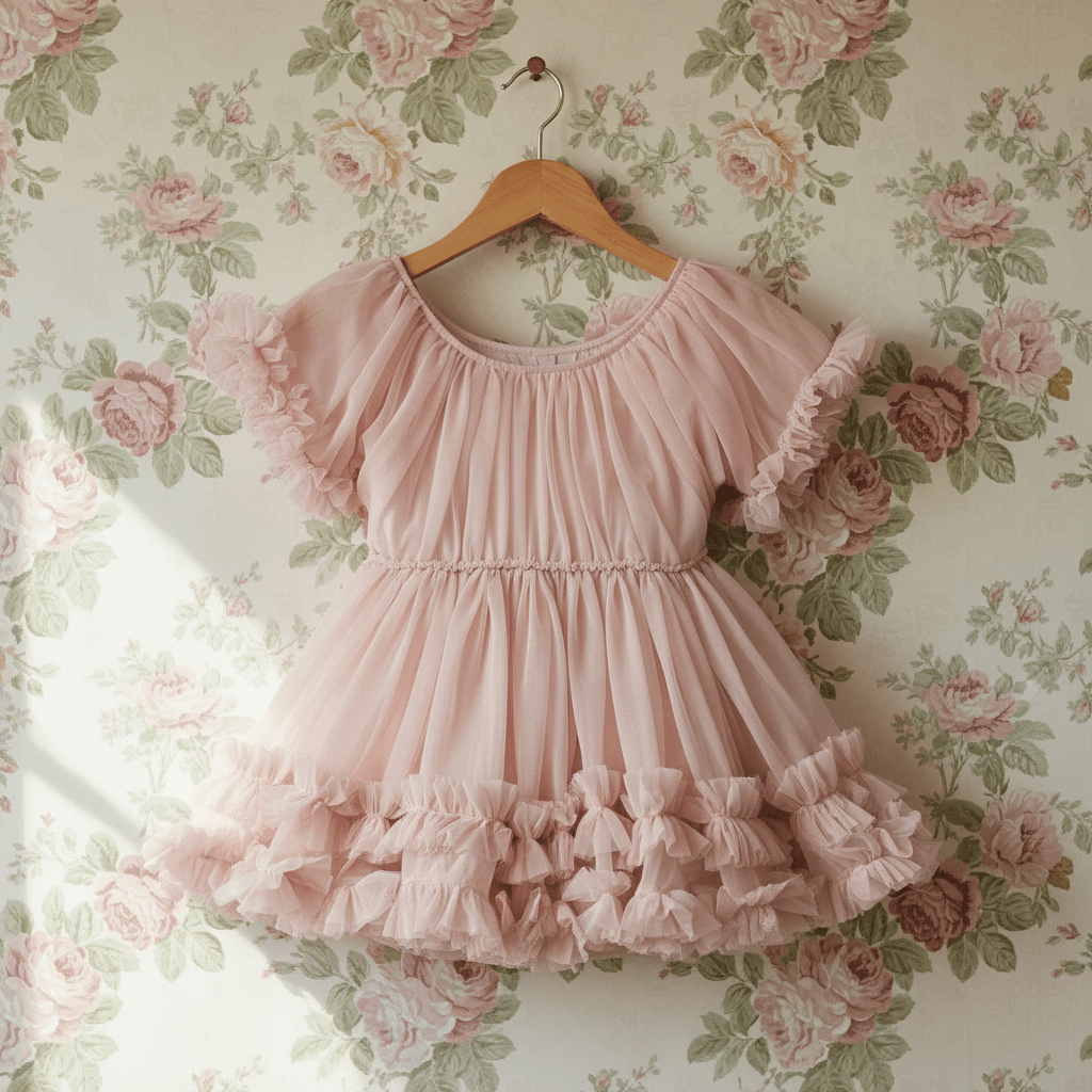 Pink ruffled dress on a hanger against floral wallpaper