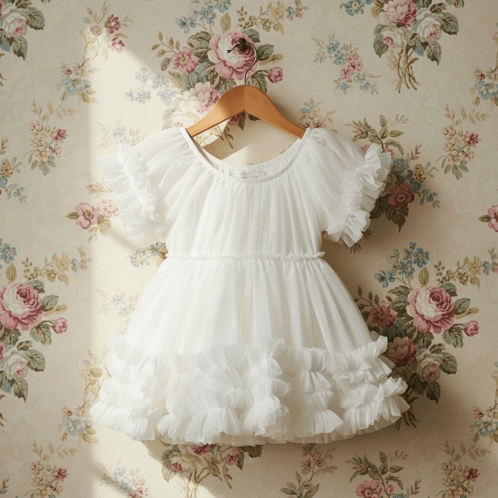 White ruffled dress on a wooden hanger against floral wallpaper