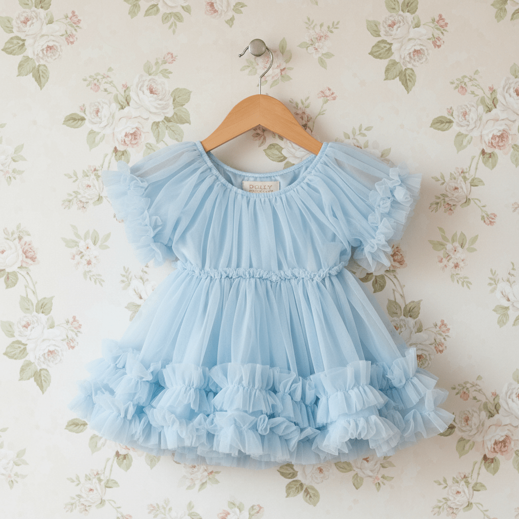 Light blue ruffled dress on a wooden hanger against a floral wallpaper background