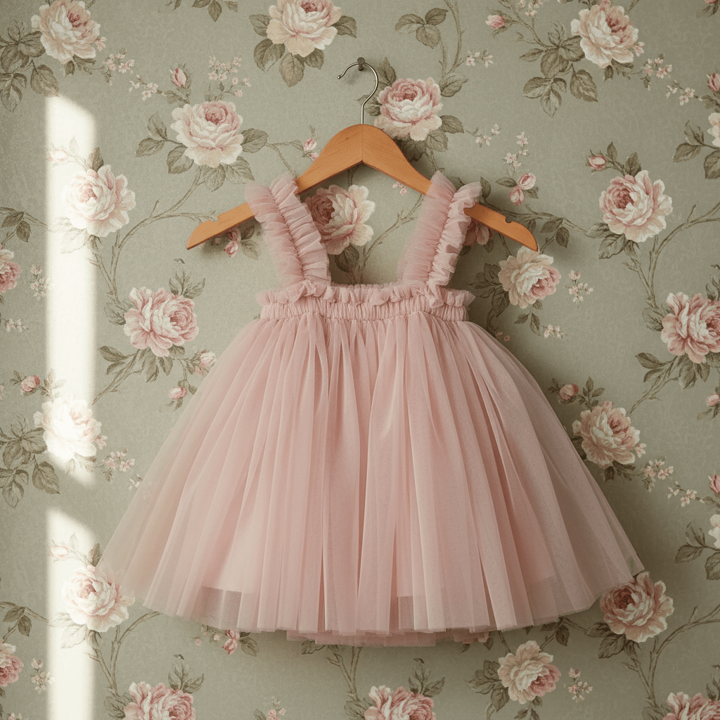 Pink dress on a hanger against a floral wallpaper background