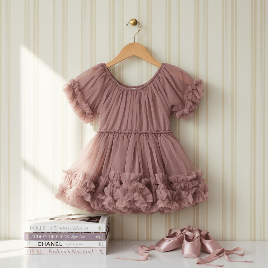 Pink ruffled dress on a hanger against a striped wall with books and shoes below.