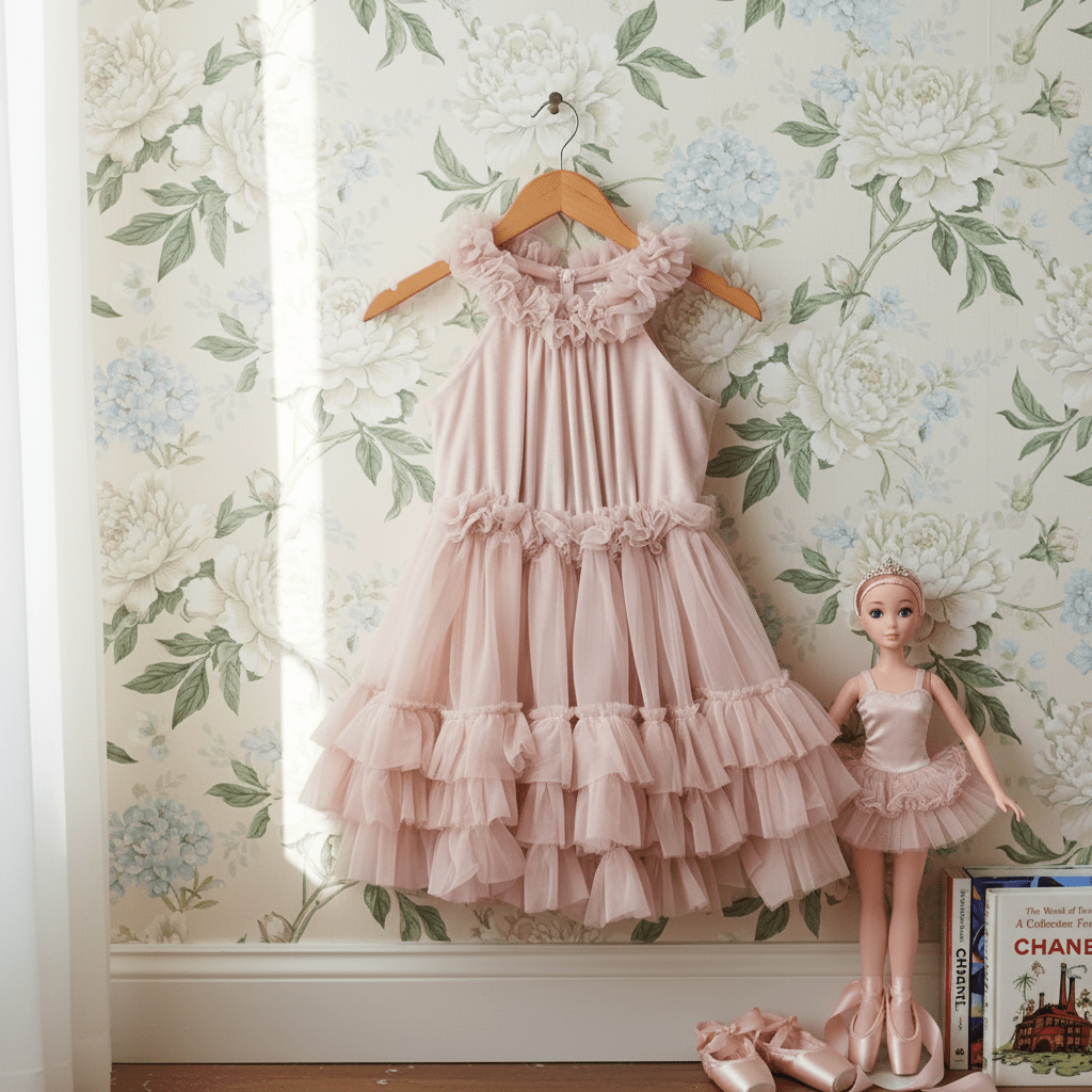 Pink ruffled dress on a hanger with a doll wearing a similar dress against floral wallpaper.
