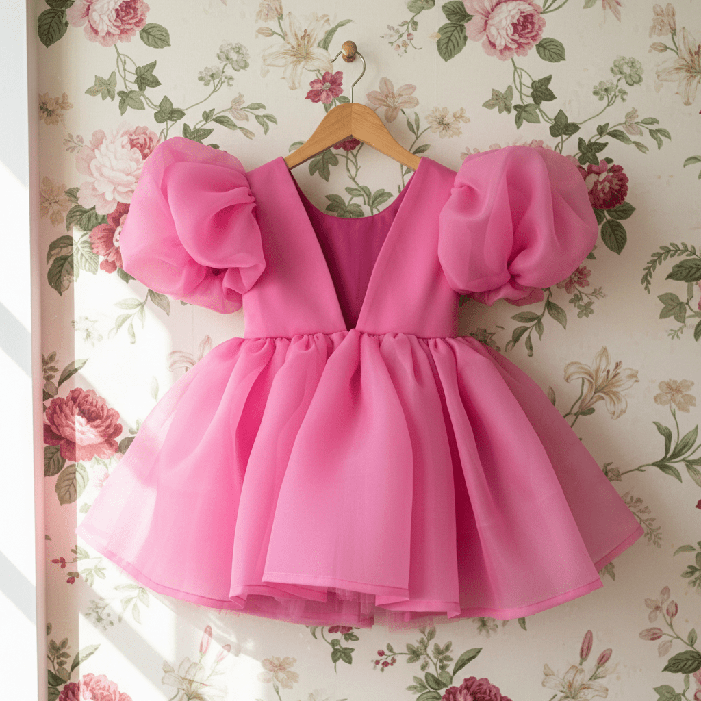 Pink dress with puff sleeves on a hanger against floral wallpaper