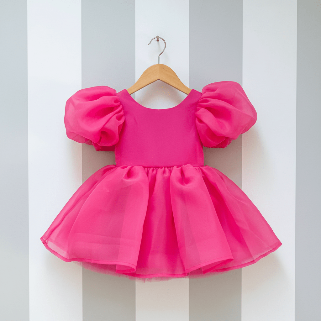 Pink dress with puff sleeves on a hanger against a striped background