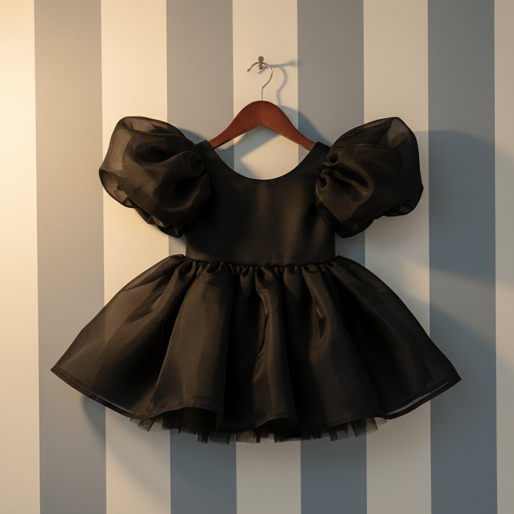 Black dress with puff sleeves on a hanger against a striped wall.