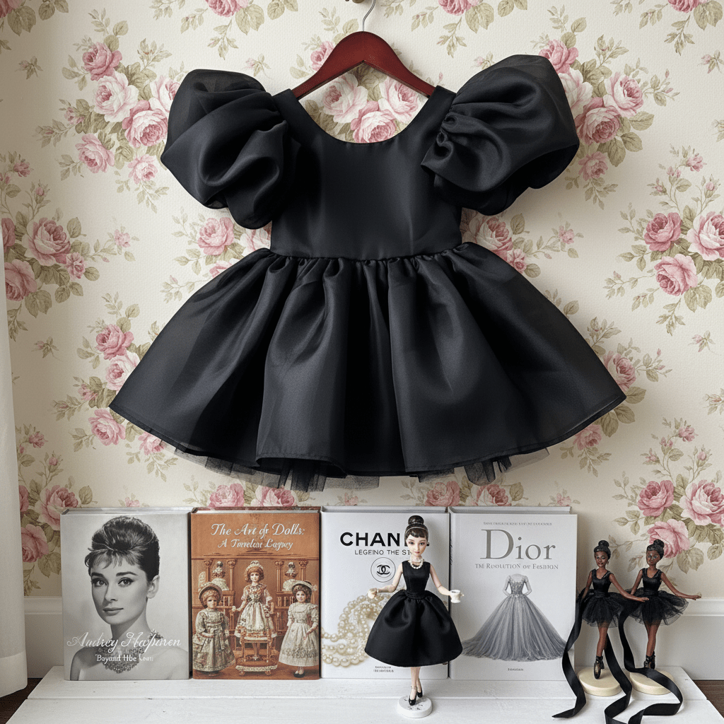 Black dress on a hanger with floral wallpaper and books in the background