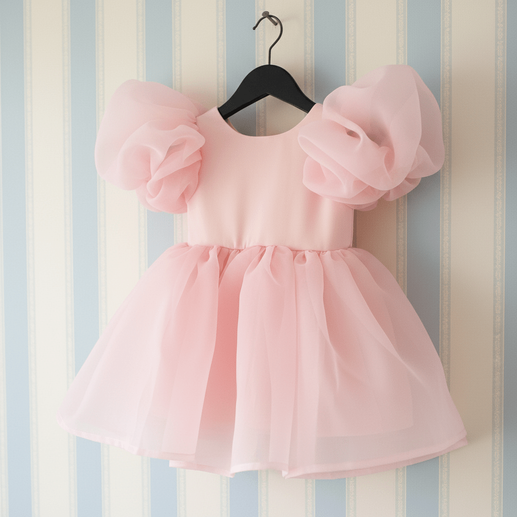 Pink dress with puff sleeves on a hanger against a striped wall.