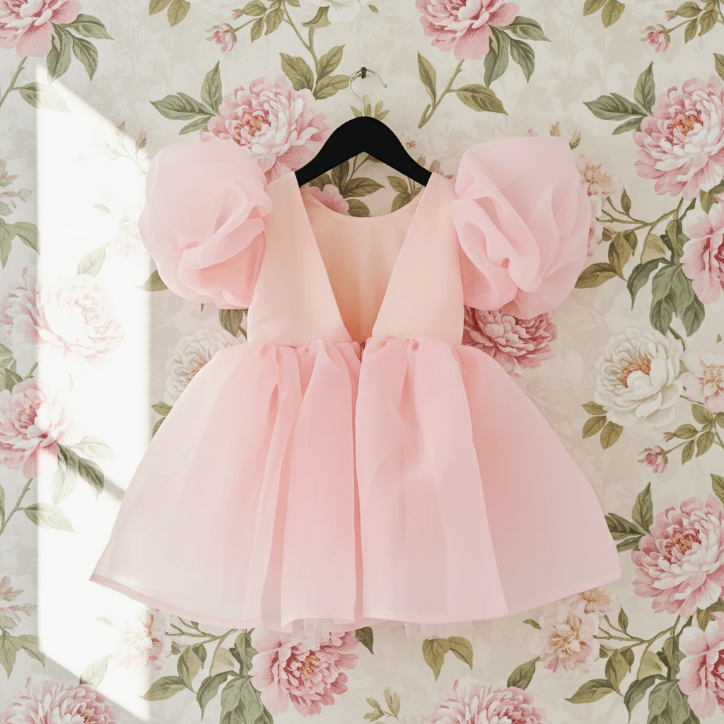 Pink dress on a hanger against a floral wallpaper background