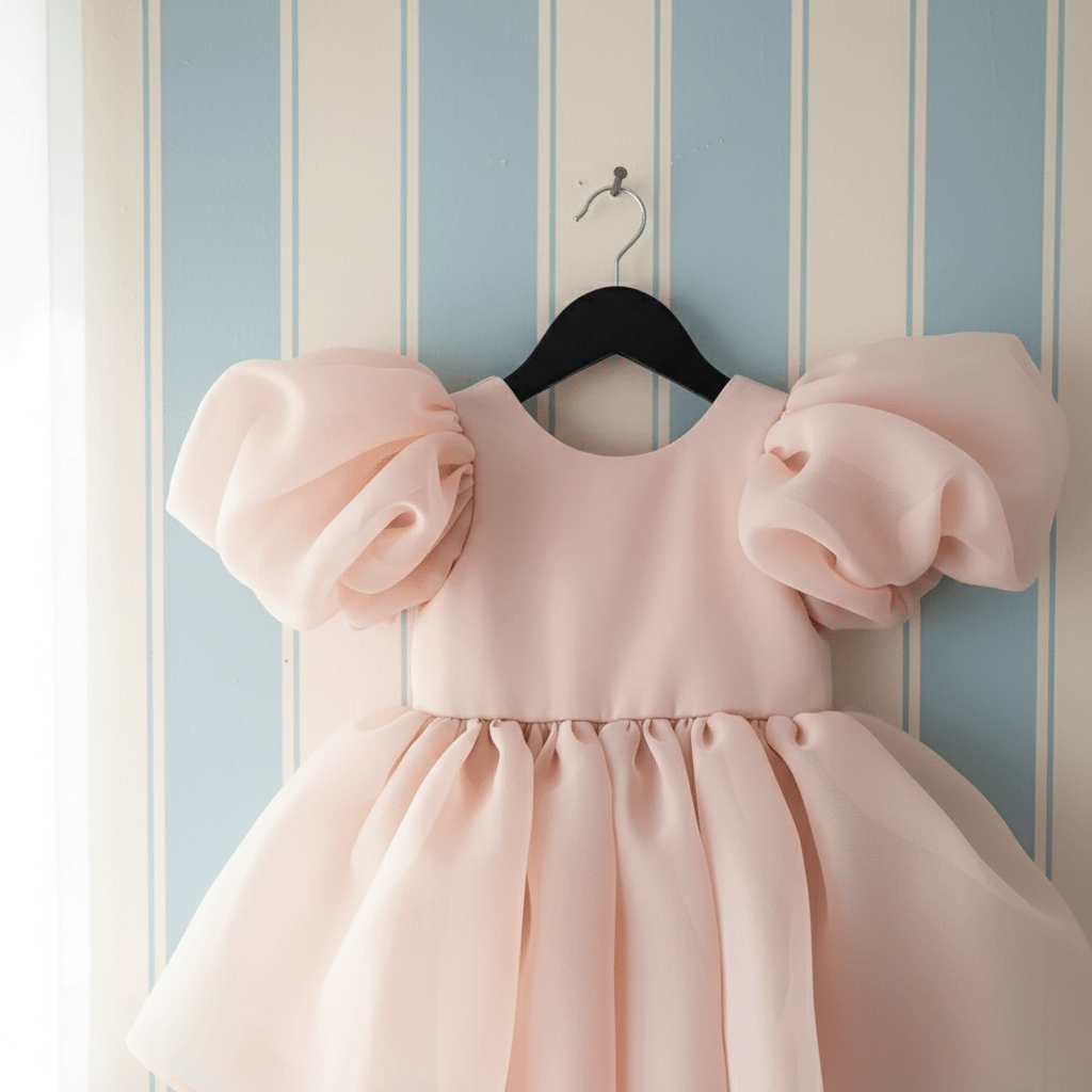 Pink dress with puffed sleeves on a hanger against a striped wall.