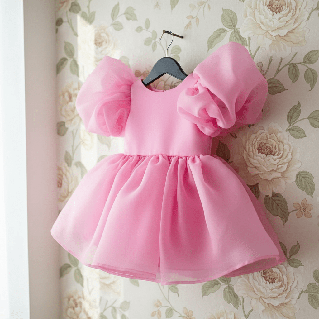 Pink dress with puffed sleeves on a hanger against a floral wallpaper background