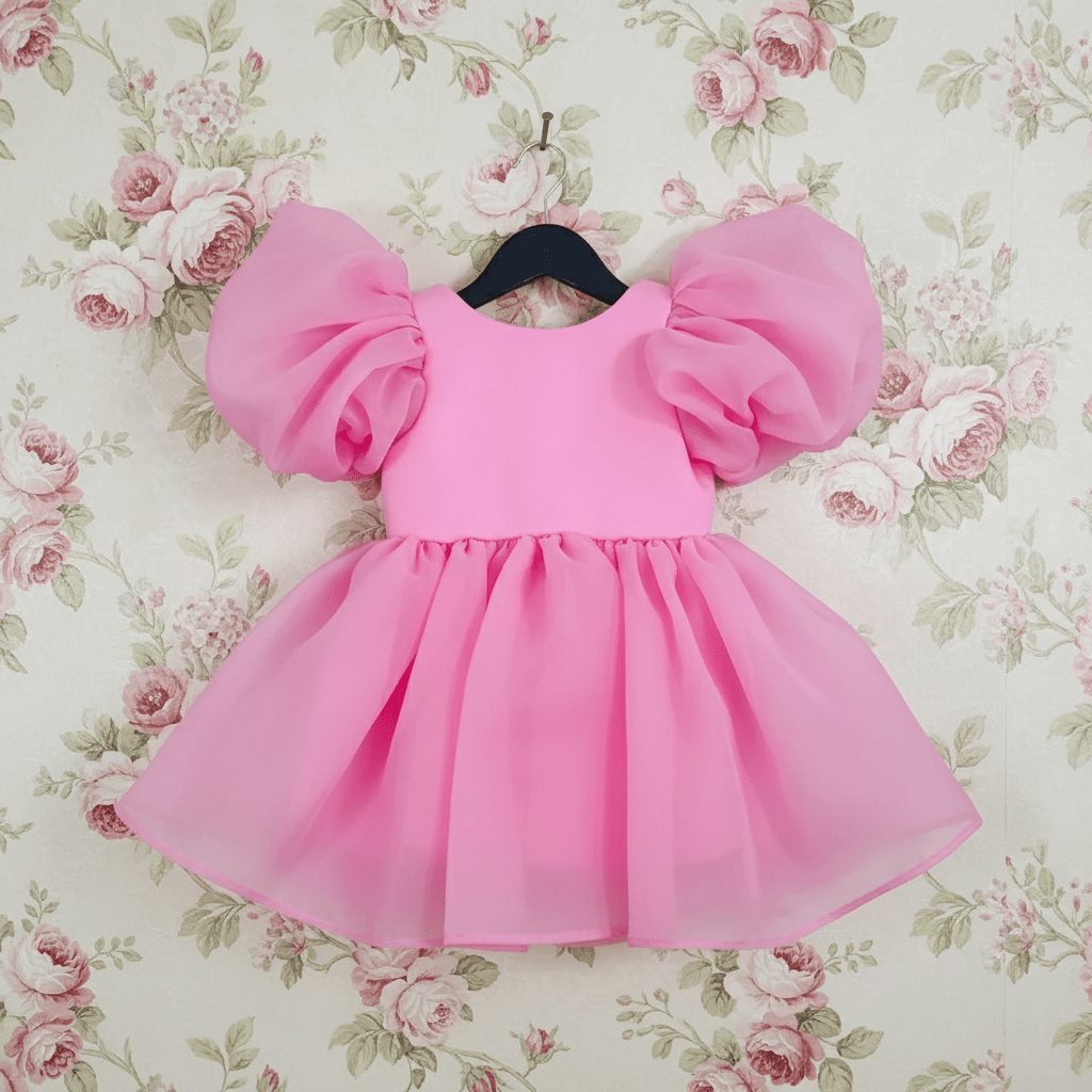 Pink dress with puff sleeves on a floral background