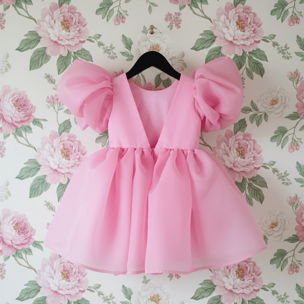Pink dress with puffed sleeves on a hanger against a floral wallpaper background
