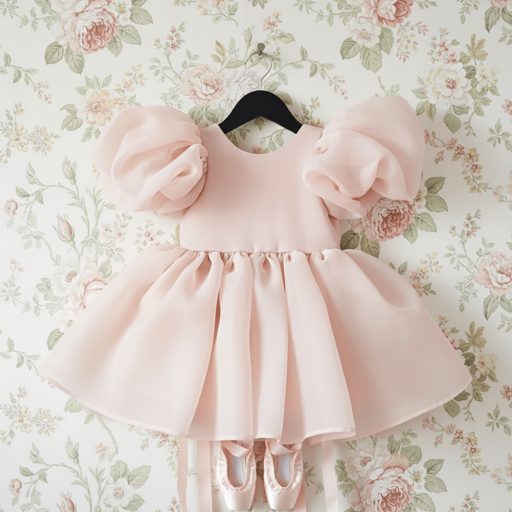 Pink children's dress on a hanger against a floral wallpaper background