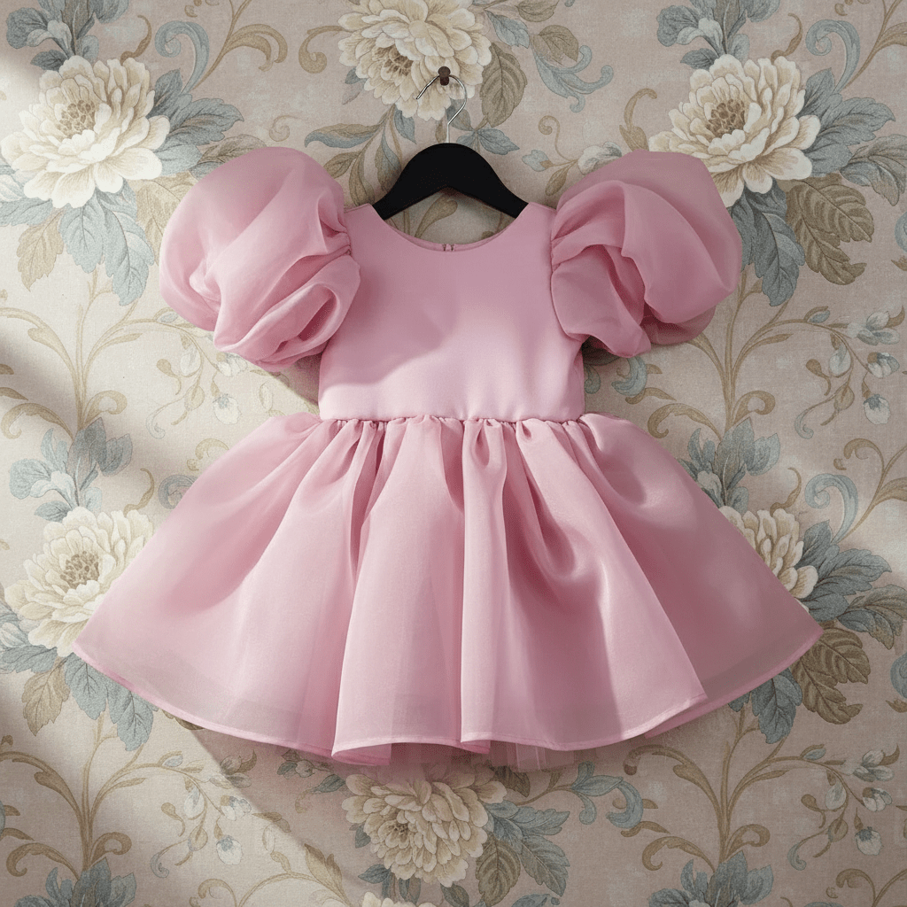 Pink dress with puff sleeves on a floral background