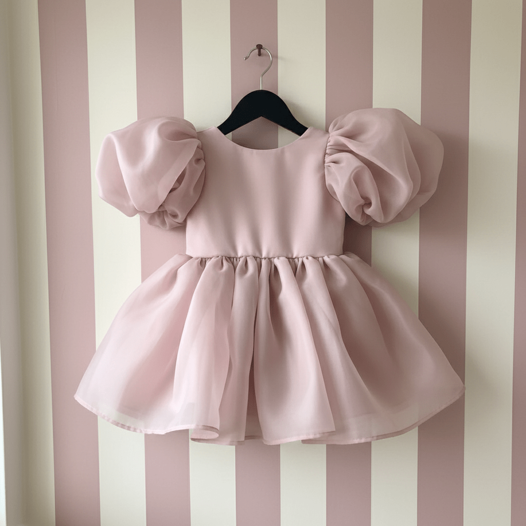 Pink dress with puff sleeves from DOLLY Le Petit Tom® on a hanger against a striped wall.