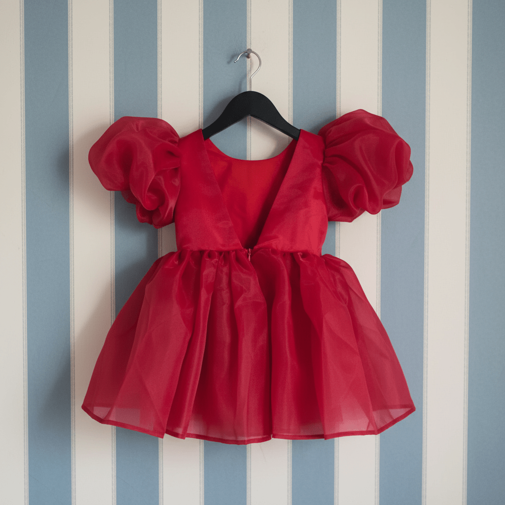 Red dress with puff sleeves on a hanger against a striped wall.