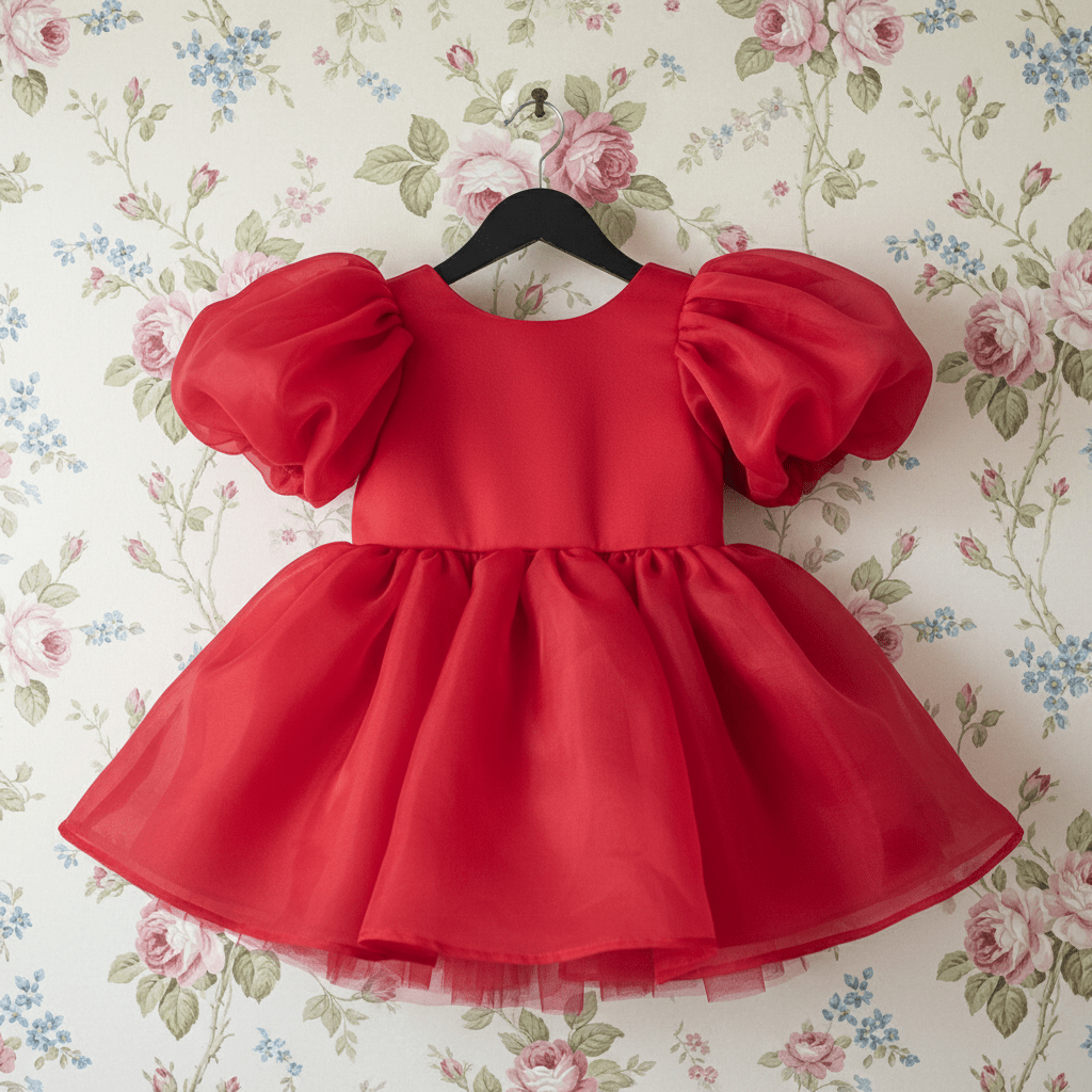 Red dress with puff sleeves from DOLLY Le Petit Tom® on a floral background