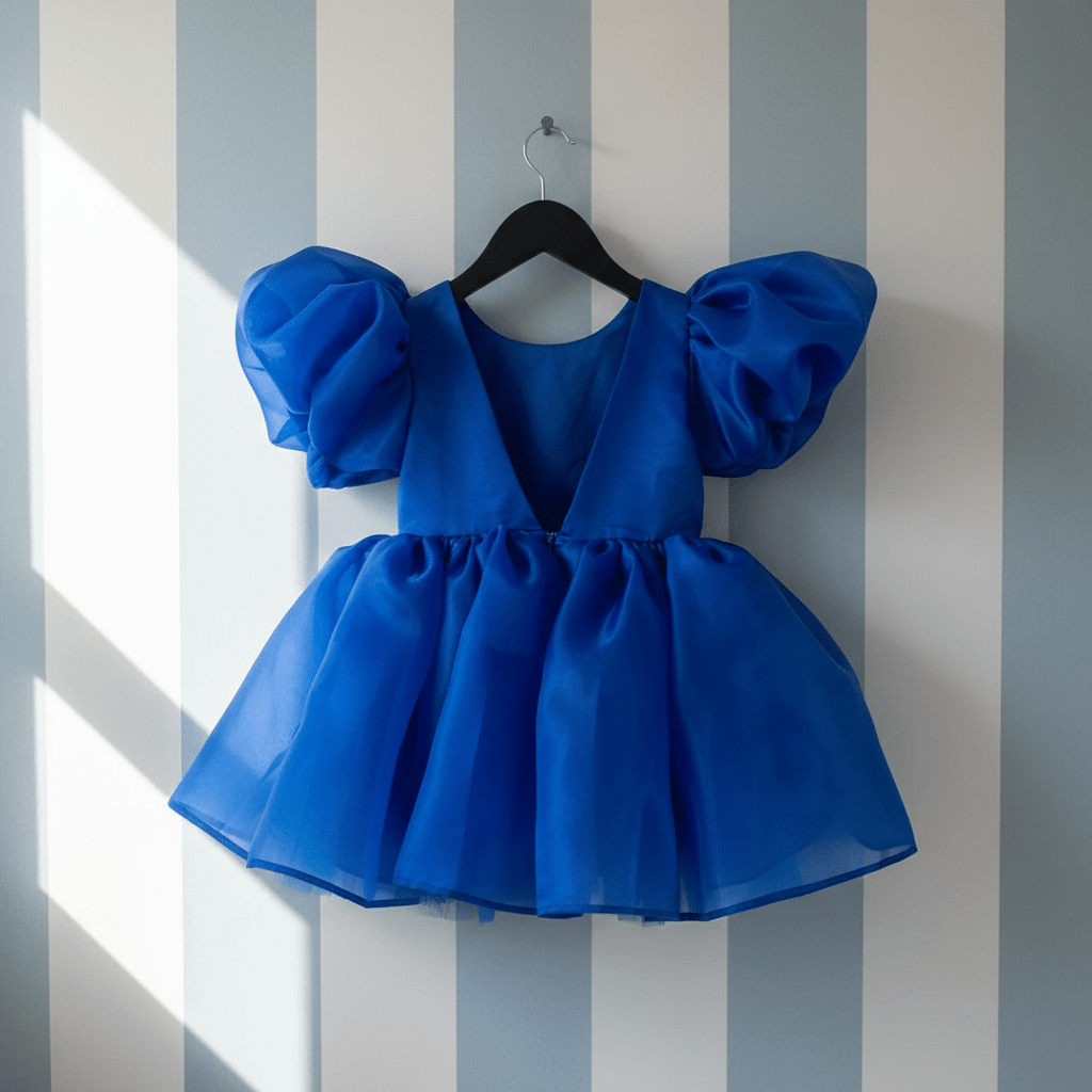 Blue dress with puffed sleeves on a hanger against a striped wall.