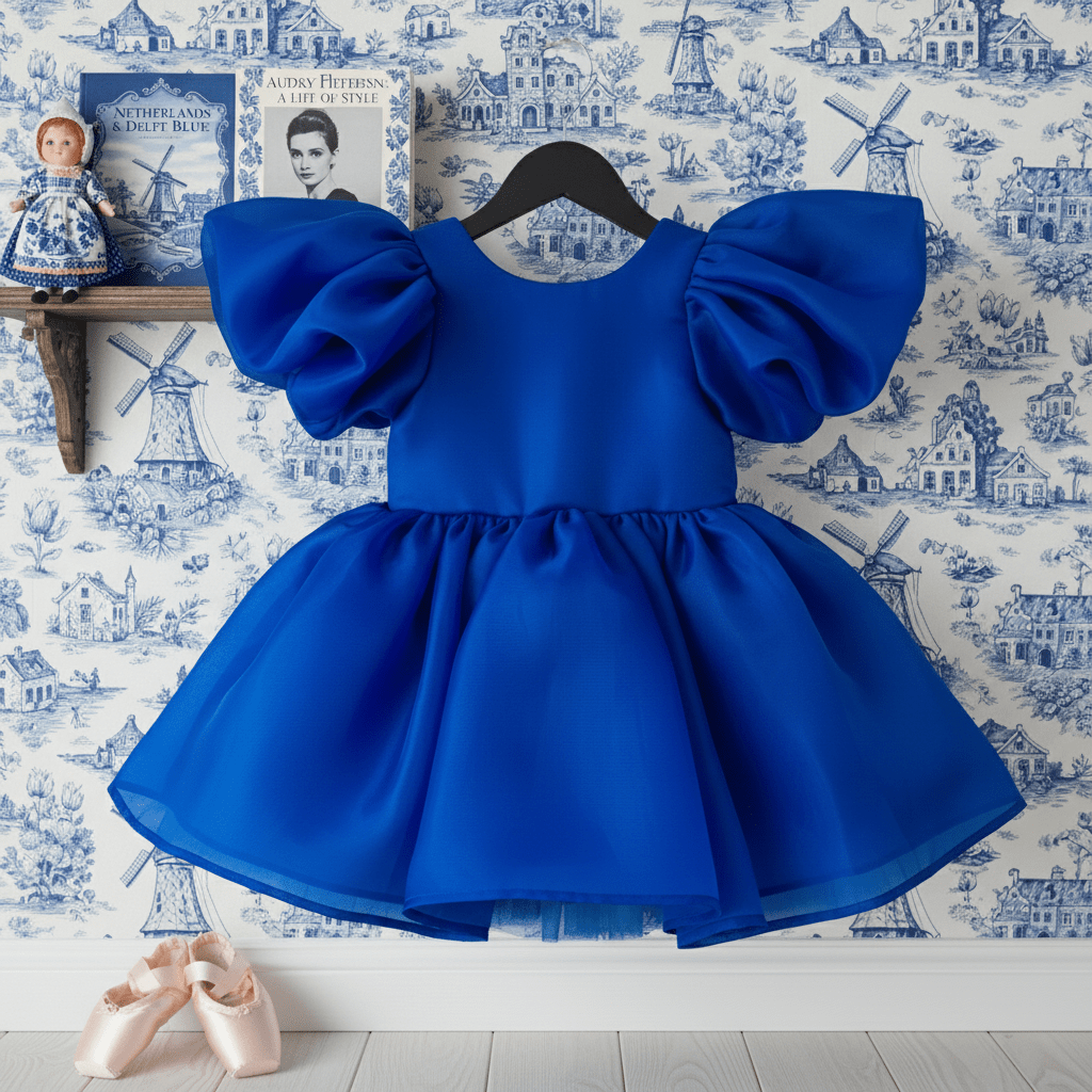 Blue dress with puffed sleeves on a hanger against a decorative wallpaper background.