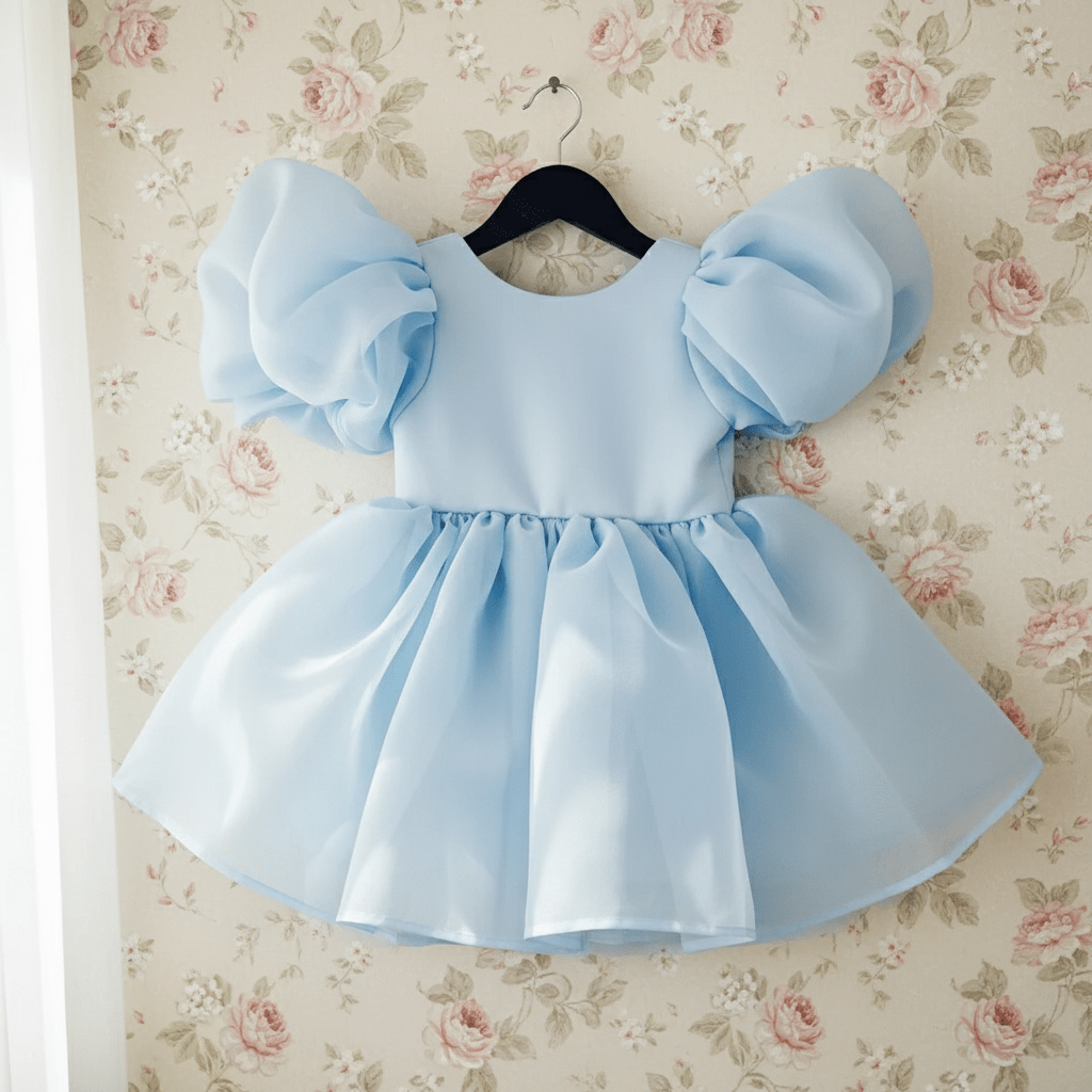Light blue dress with puff sleeves from DOLLY Le Petit Tom® on a floral wallpaper background