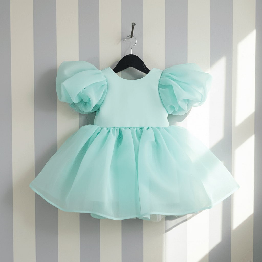 Light blue dress with puffed sleeves on a hanger against a striped wall.