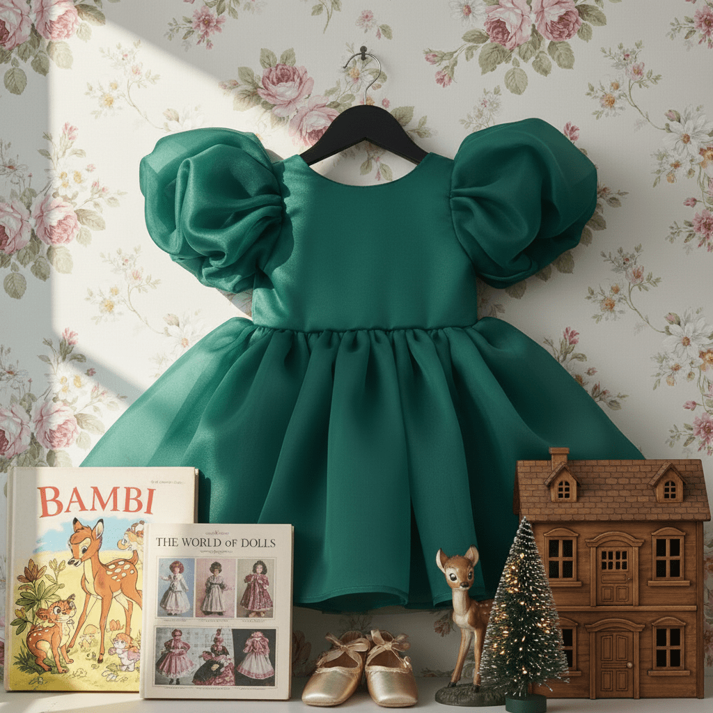 Green dress with puffed sleeves on a hanger against a floral wallpaper background, with a 'Bambi' book and wooden house in the foreground.