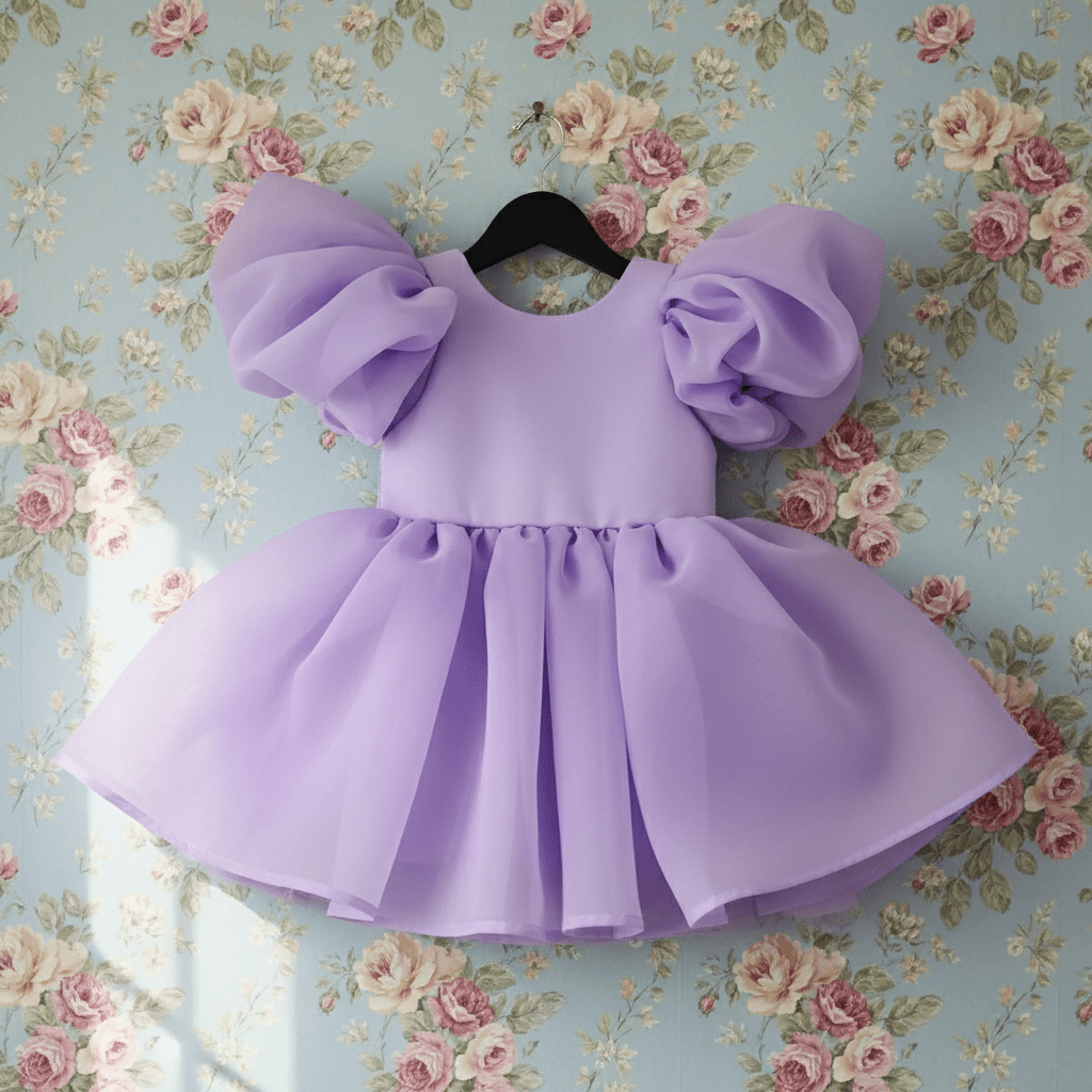 Purple dress with puffed sleeves from DOLLY Le Petit Tom® on a hanger against a floral wallpaper background