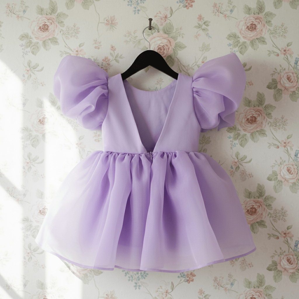 Purple dress with puffed sleeves on a hanger against a floral wallpaper background