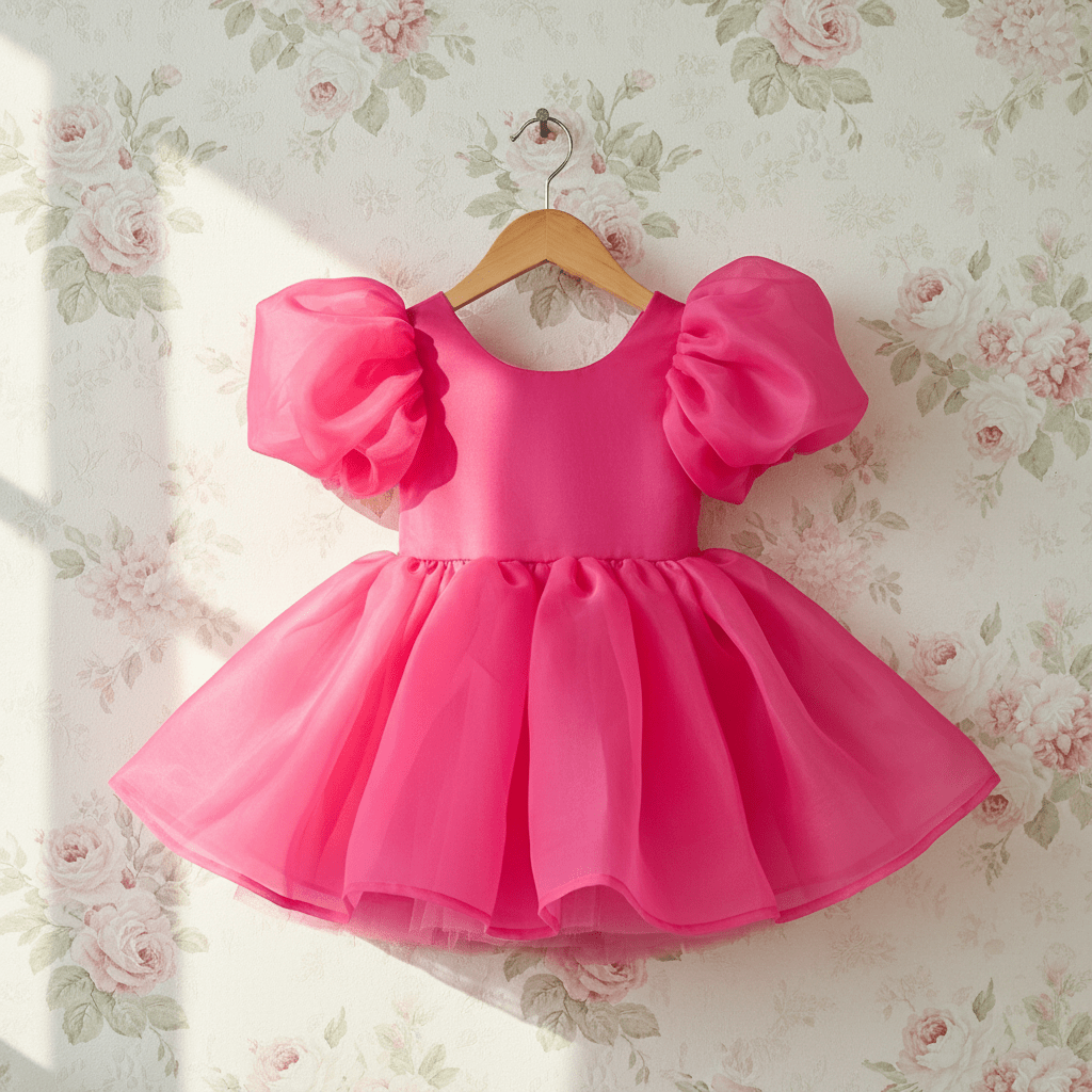 Pink dress with puff sleeves on a hanger against a floral wallpaper background