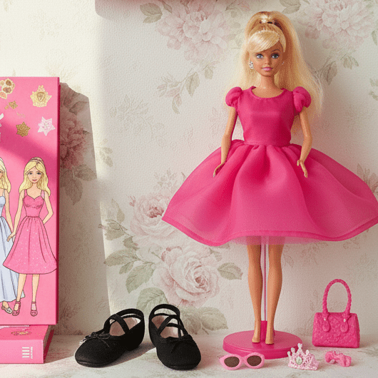 Pink top and dress with a Barbie doll on a floral background