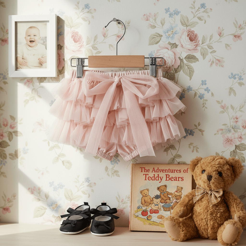 Pink ruffled skirt on a hanger with a teddy bear, shoes, and a book against floral wallpaper.