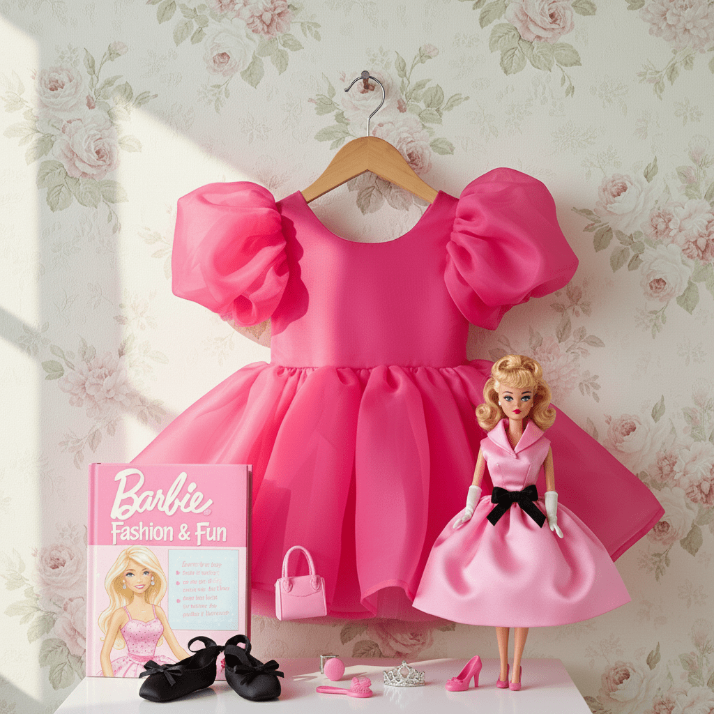 Pink dress with puffed sleeves, Barbie doll in a pink dress, and accessories on a floral wallpaper background.