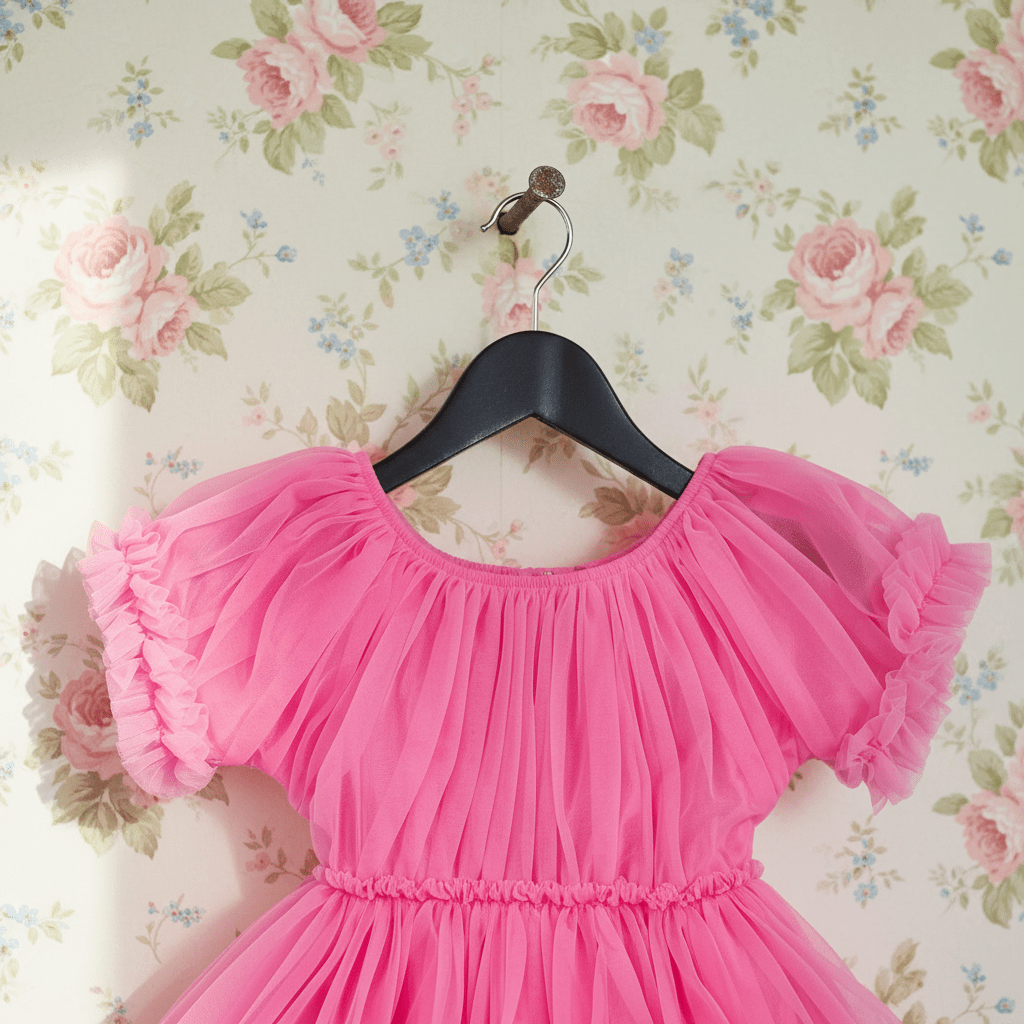 Pink dress on a hanger against a floral wallpaper background