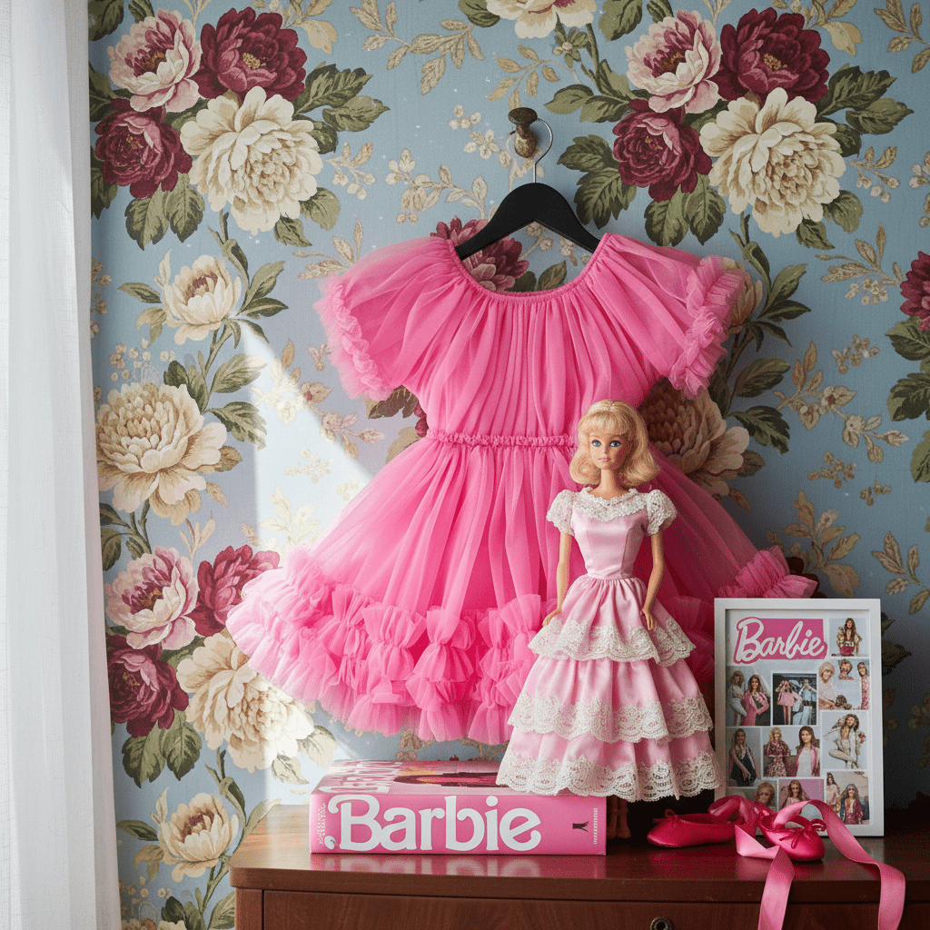 Barbie doll with a pink dress on a floral wallpapered wall