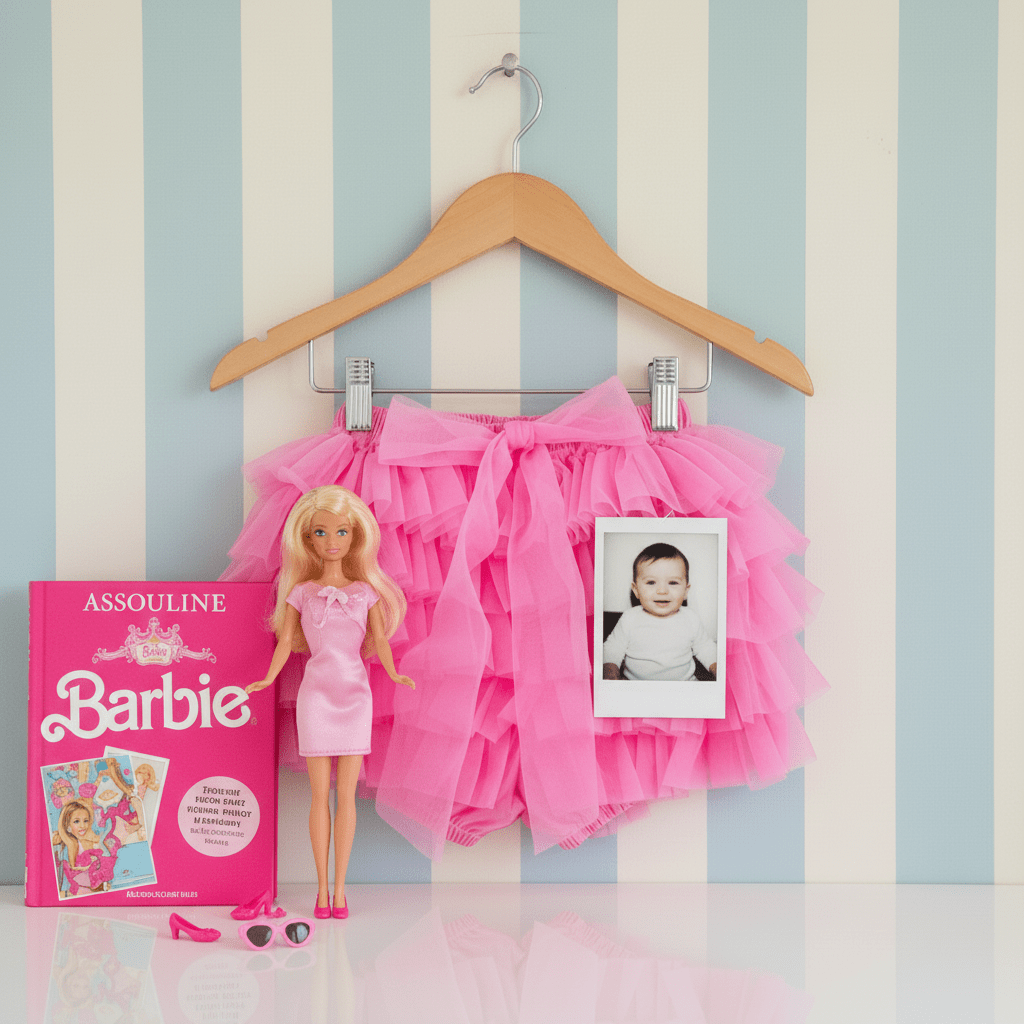 Barbie doll, pink skirt, and book on a hanger against a striped wall.