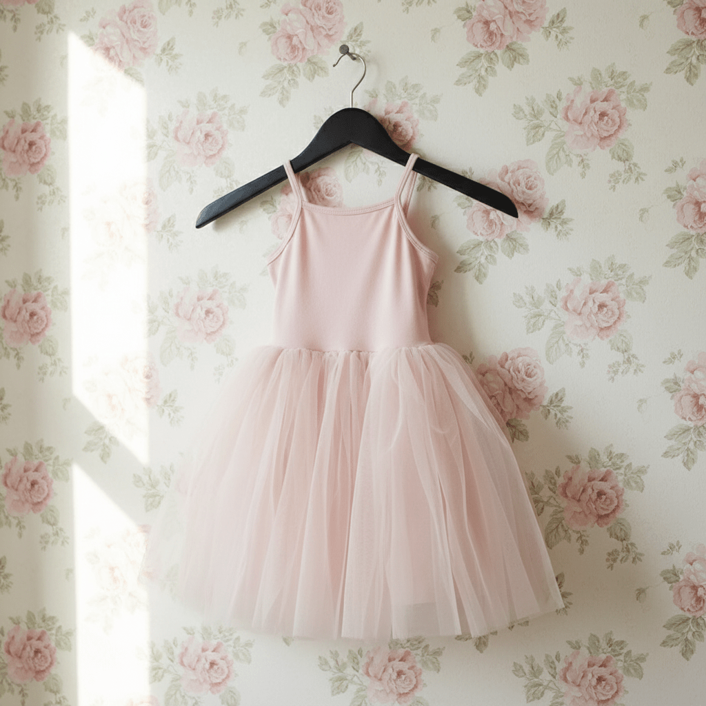 Pink dress on a hanger against floral wallpaper