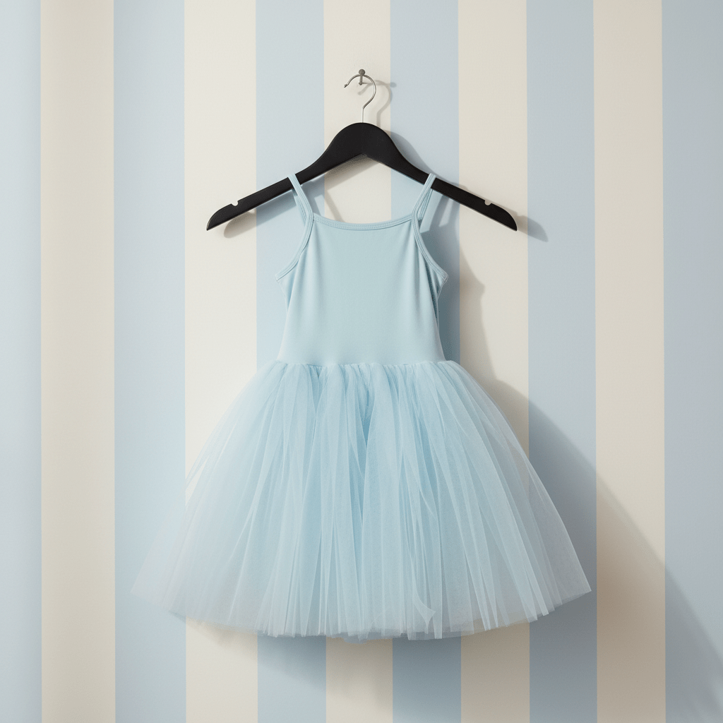 Light blue tulle dress on a hanger against a striped wall.