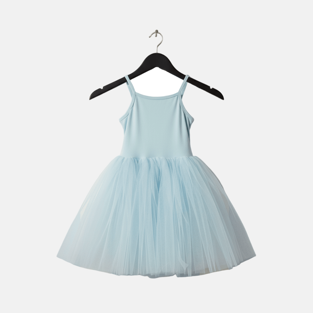 Light blue dress on a hanger against a white background
