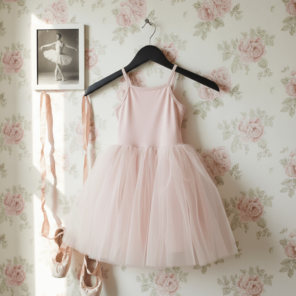 Pink ballet dress on a hanger against floral wallpaper