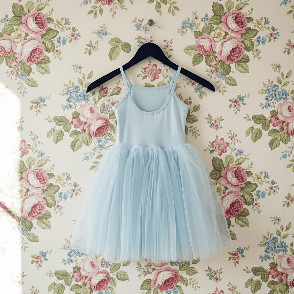 Light blue dress on a hanger against a floral wallpaper background