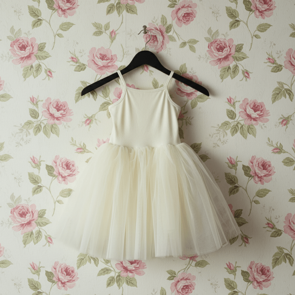 White dress on a hanger against a floral wallpaper background