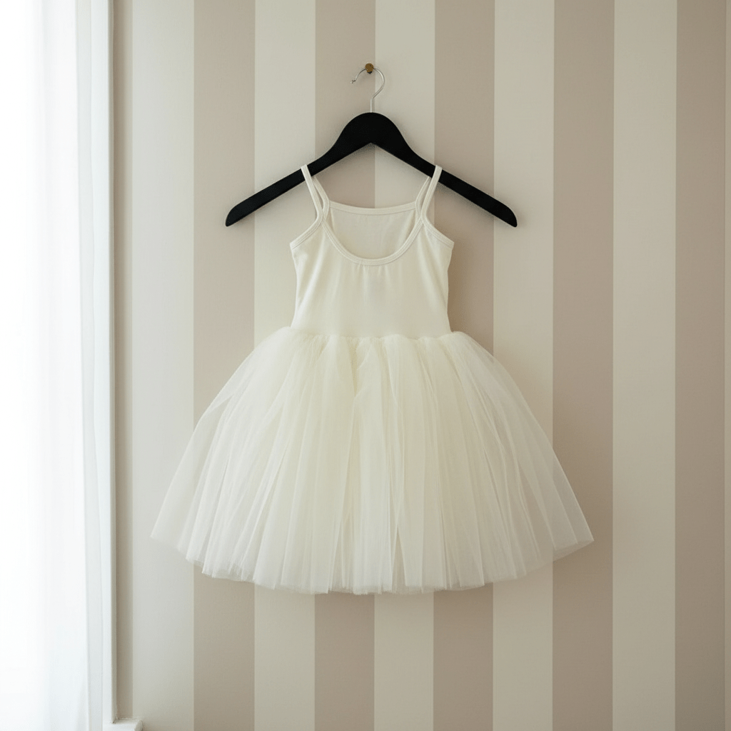 White dress on a hanger against a striped wall