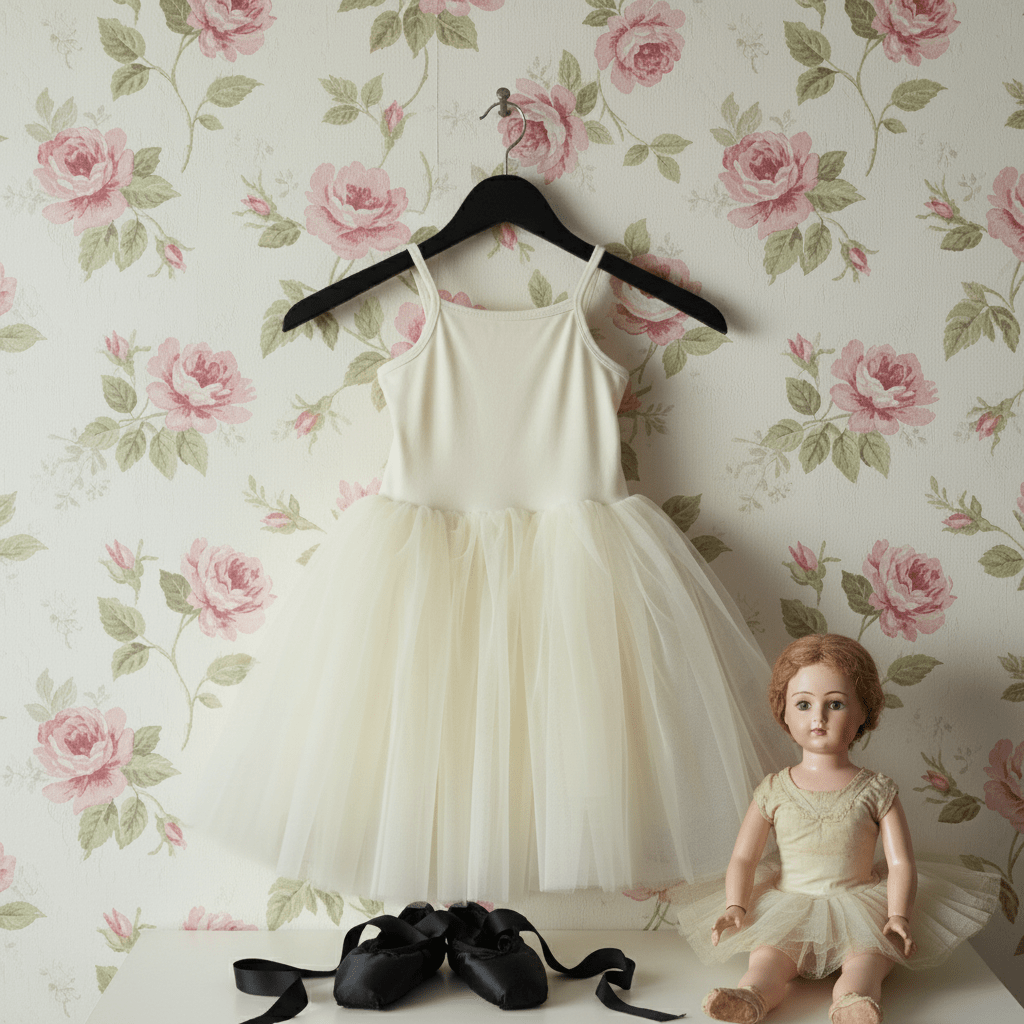 Vanille dress on a hanger with a doll and black shoes against a floral wallpaper background
