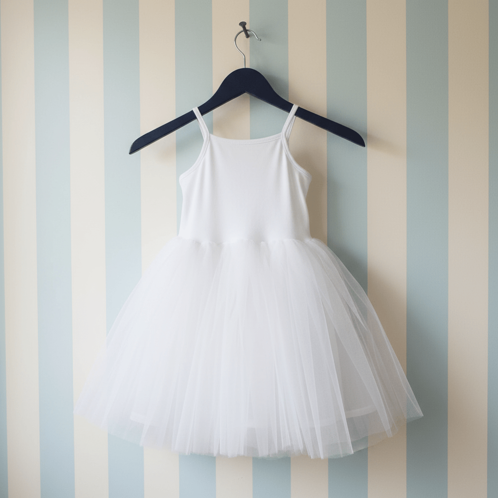 White tulle dress on a hanger against a striped wall.
