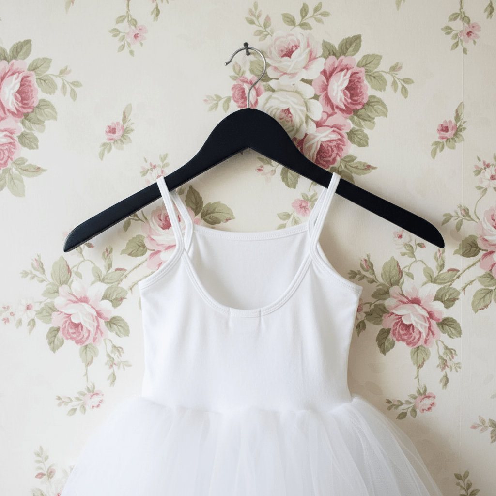 White dress on a black hanger against a floral wallpaper background