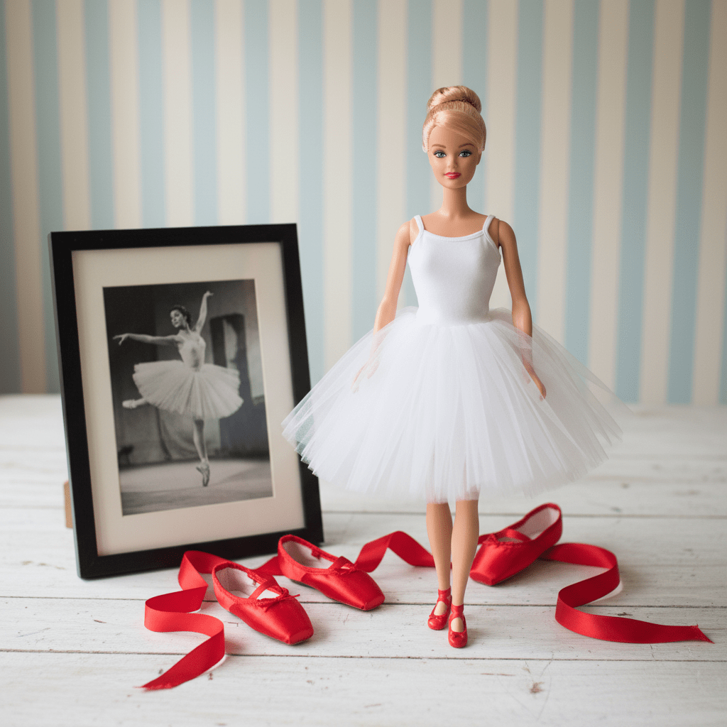 Barbie doll in a white ballet outfit with red shoes and ribbons, standing next to a framed photo of a dancer.
