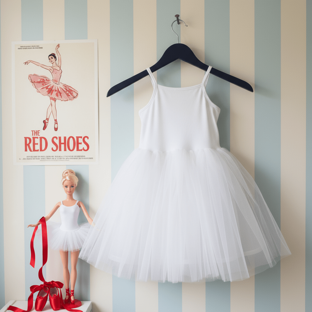 White ballet dress on a hanger next to a poster of 'The Red Shoes' with a ballerina doll.