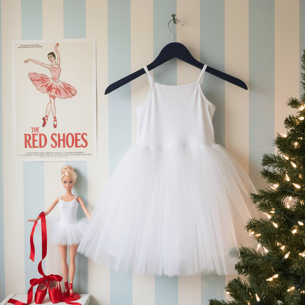White ballet dress on a hanger with a 'The Red Shoes' poster and doll in the background.